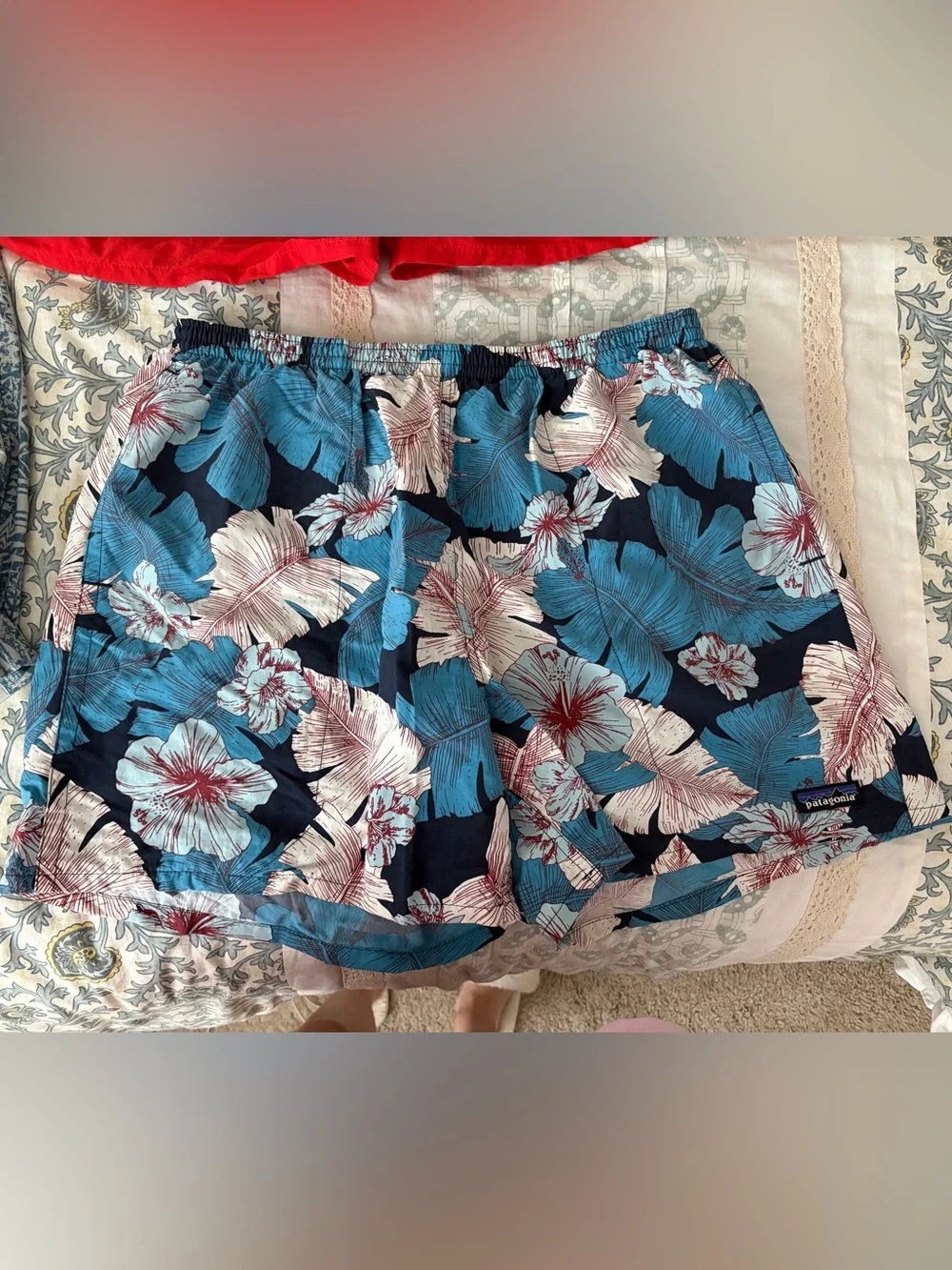 Patagonia Men’s Navy Blue Tropical Swim Trunks with Teal & Cream Blossoms